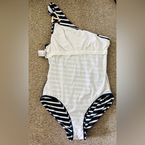 Michael Kors White and Navy Blue One Piece Swimsuit with Gold Brand Hardware - Picture 6 of 8